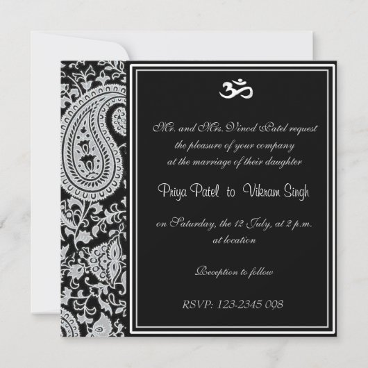 Invitation mariage hindou noir et blanc de Damas (Devant)
