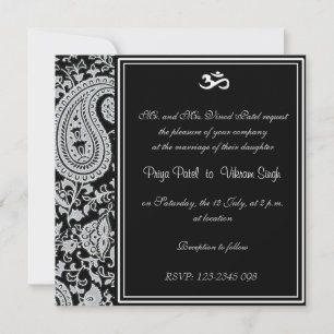 Invitation mariage hindou noir et blanc de Damas