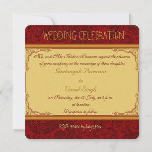 Invitation mariage hindoue de Paisley rouge et or