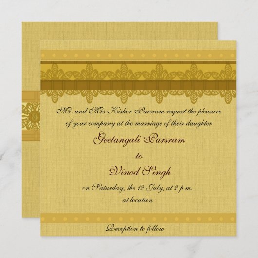 Invitation mariage hindu de brocade d'or (Devant / Derrière)