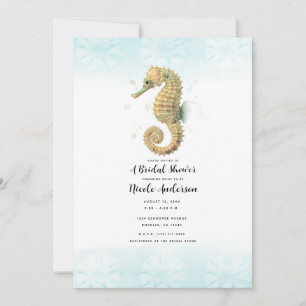 Invitation Mariage Hippocampe Bleu Canard et Aquarelle Dorée