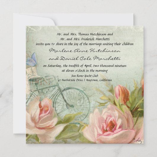 Invitation Mariage Hipster Bicycle Rose Rustic Wood Cottage (Devant)