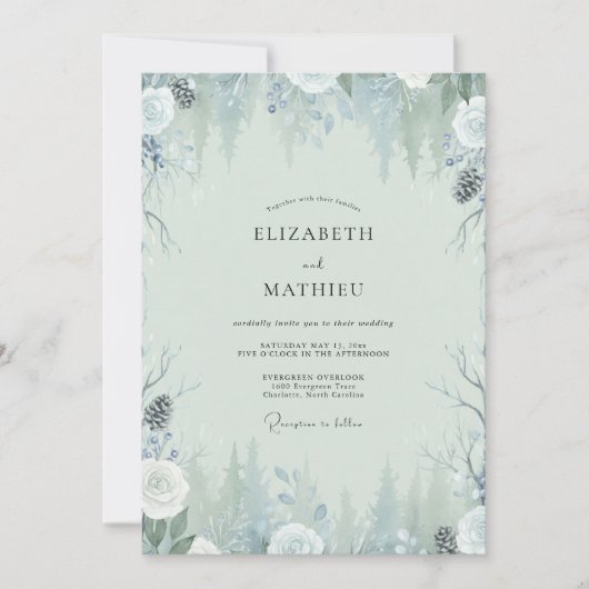 Invitation Mariage Hiver Eucalyptus Cône de Pin Glacé (Devant)