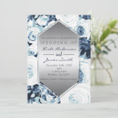 Invitation Mariage Hiver Roses Vintage Argent Bleu Blanc (Debout devant)