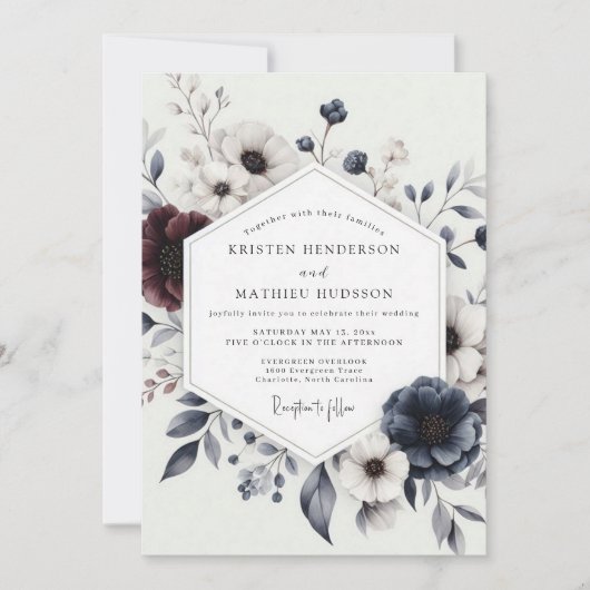Invitation Mariage hivernal bordeaux et marine en fleurs (Devant)