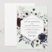 Invitation Mariage hivernal bordeaux et marine en fleurs (Devant / Derrière)