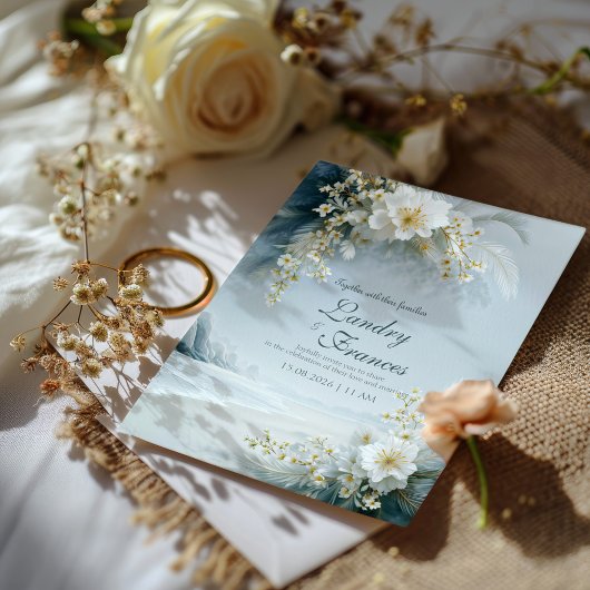 Invitation Mariage hivernal côtier aux fleurs blanches éthéré