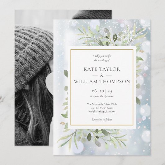 Invitation Mariage Hivernal de Flocons de Neige Feuillage Pho (Devant / Derrière)