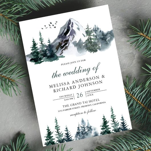 Invitation Mariage hivernal en aquarelle rustique en forêt de