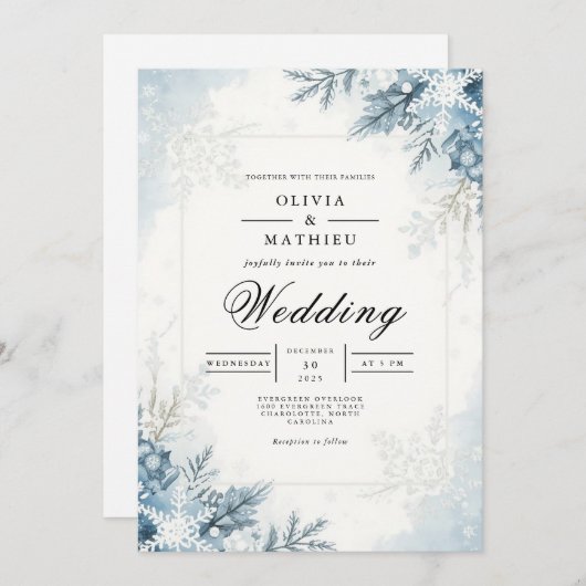Invitation Mariage hivernal en fleurs congelées (Devant / Derrière)