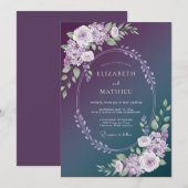 Invitation Mariage hivernal éthéré sarcelle prune (Devant / Derrière)