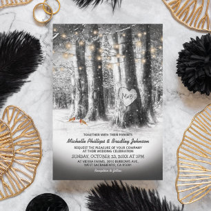 Invitation Mariage hivernal rustique avec arbre et guirlandes