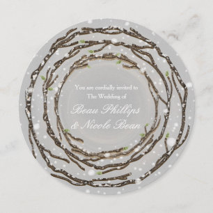 Invitation Mariage hivernal rustique Branches & Neige de camp