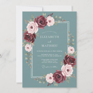 Invitation Mariage hivernal sophistiqué sarcelle et bordeaux