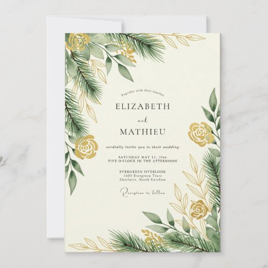Invitation Mariage hivernal vert pin doré (Devant)