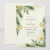 Invitation Mariage hivernal vert pin doré (Devant / Derrière)