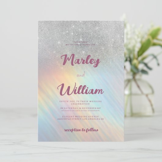 Invitation Mariage holographique à parties scintillant arc-en (Debout devant)