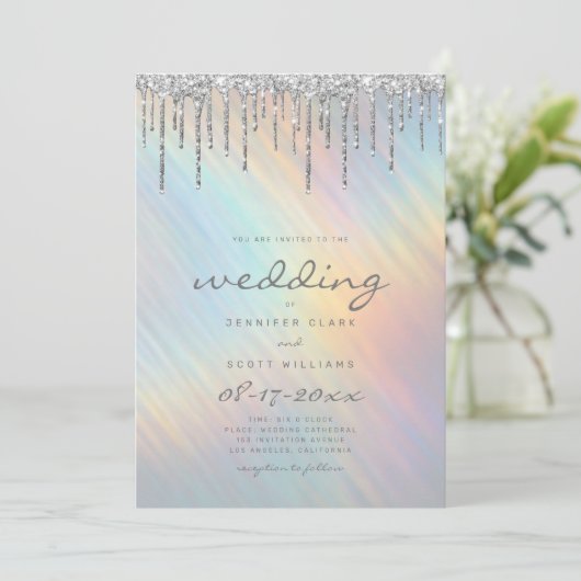 Invitation Mariage holographique arc-en-ciel avec gouttes de (Debout devant)