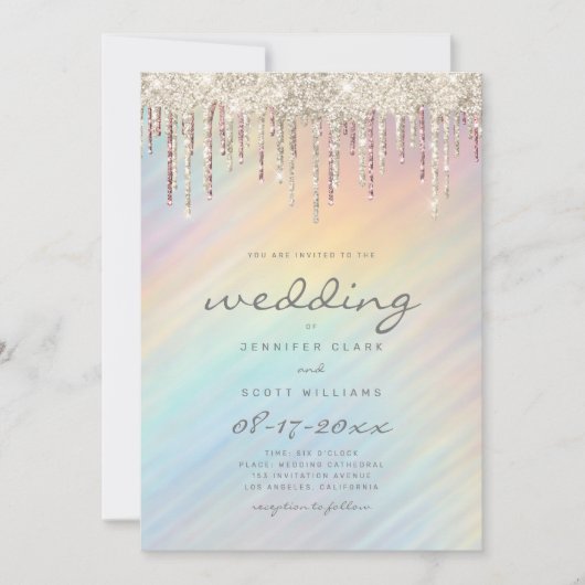 Invitation Mariage holographique arc-en-ciel avec gouttes de (Devant)