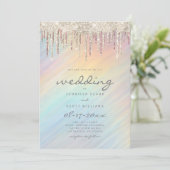 Invitation Mariage holographique arc-en-ciel avec gouttes de  (Debout devant)