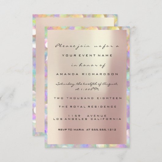 Invitation Mariage Holographique Rose Fête Douce 16ème PERLE (Devant / Derrière)