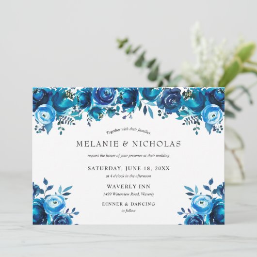Invitation Mariage horizontal floral bleu Indigo (Debout devant)