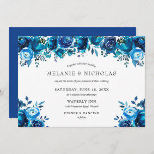 Invitation Mariage horizontal floral bleu Indigo