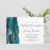 Invitation Mariage Horizontal Moderne Agate Dorée Sarcelle (Debout devant)