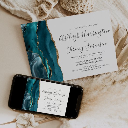 Invitation Mariage Horizontal Moderne Agate Dorée Sarcelle