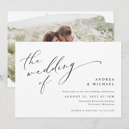 Invitation Mariage horizontal photo romantique écriture vinta (Devant / Derrière)