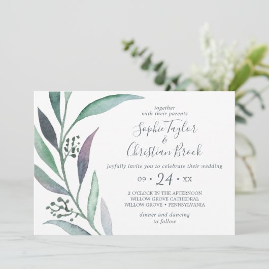 Invitation Mariage horizontal Purple et Green Eucalyptus (Debout devant)