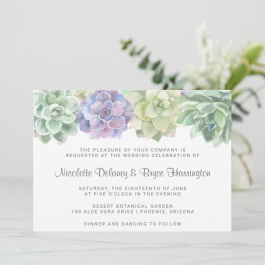Invitation Mariage horizontal Succulent vert et pourpre (Debout devant)