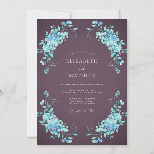 Invitation Mariage Hydrangea Aqua Mûre (Devant)