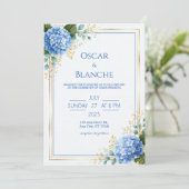 Invitation Mariage Hydrangea Bleu Bordure Feuille d'Or (Debout devant)