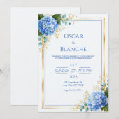 Invitation Mariage Hydrangea Bleu Bordure Feuille d'Or (Devant / Derrière)