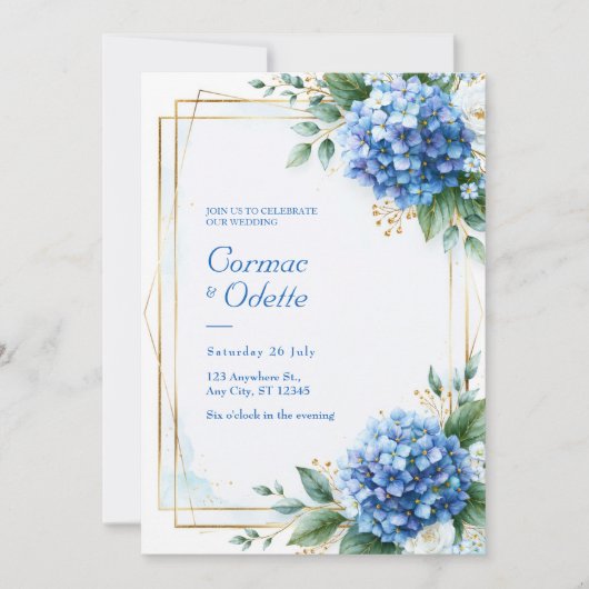 Invitation Mariage Hydrangea Bleu Cadre Or (Devant)