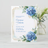 Invitation Mariage Hydrangea Bleu Cadre Or (Debout devant)