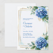 Invitation Mariage Hydrangea Bleu Cadre Or (Devant / Derrière)