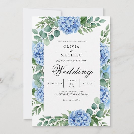 Invitation Mariage Hydrangea Bleu Céleste Lumineux (Devant)