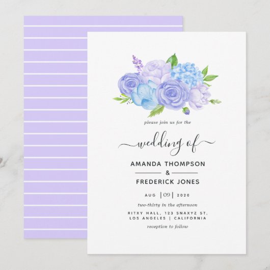 Invitation Mariage Hydrangea Bleu et Lavande Clair (Devant / Derrière)