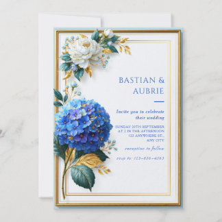 Invitation Mariage Hydrangea Bleu Royal Cadre Doré