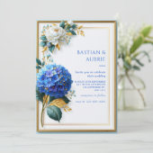 Invitation Mariage Hydrangea Bleu Royal Cadre Doré (Debout devant)