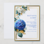 Invitation Mariage Hydrangea Bleu Royal Cadre Doré (Devant / Derrière)