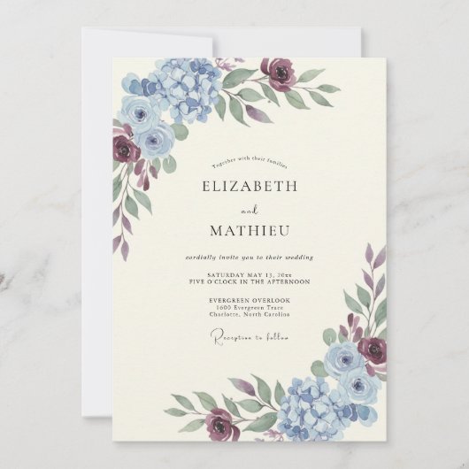 Invitation Mariage Hydrangea Bleuet Violet Eucalyptus (Devant)