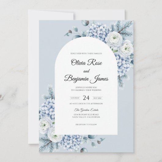 Invitation Mariage Hydrangea Eucalyptus Argent Glacé (Devant)