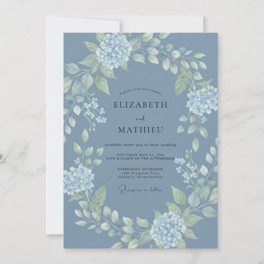 Invitation Mariage Hydrangea Eucalyptus Bleu Ardoise (Devant)