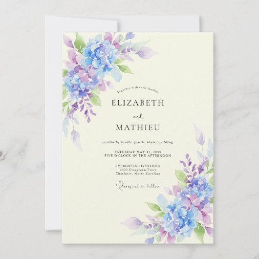 Invitation Mariage Hydrangea Eucalyptus Lavande Pérywinkle (Devant)