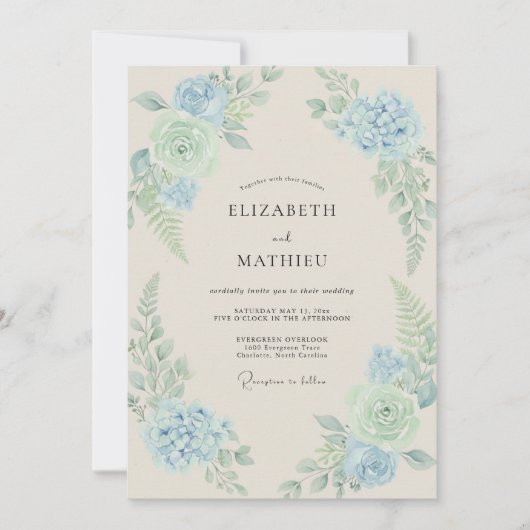 Invitation Mariage Hydrangea Eucalyptus Menthe Céruléen (Devant)