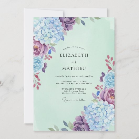 Invitation Mariage Hydrangea Eucalyptus Menthe Myosotis (Devant)
