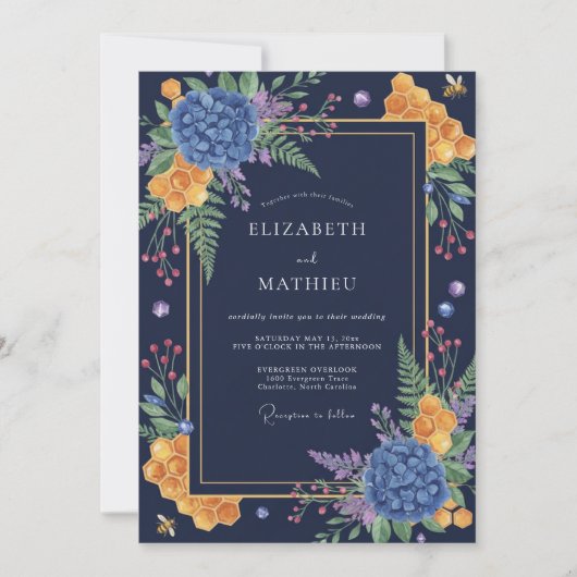 Invitation Mariage Hydrangea Eucalyptus Moutarde de Minuit (Devant)